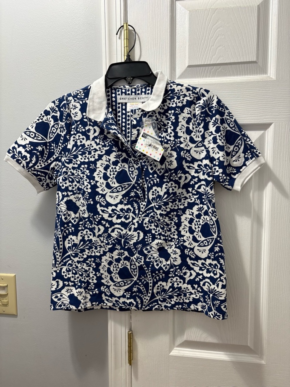 Gretchen Scott Gripless Polo Shirt Flora Navy & White Polo Size Small NWT